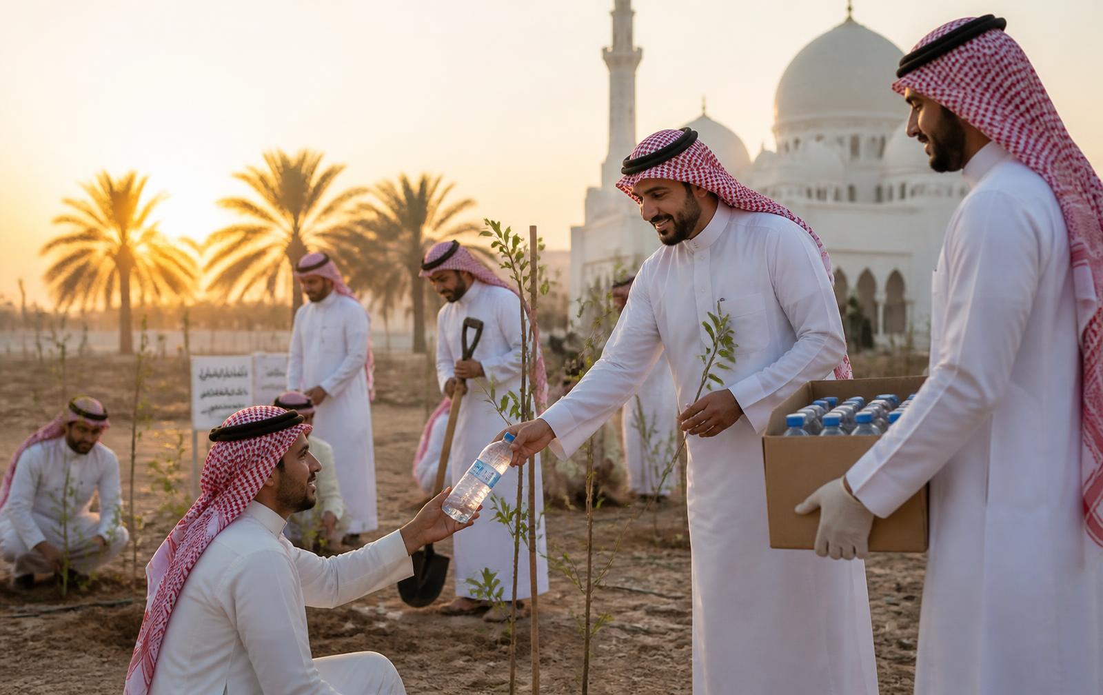 متطوعون يوزّعون الماء ويزرعون الأشجار عند الغروب أمام مسجد